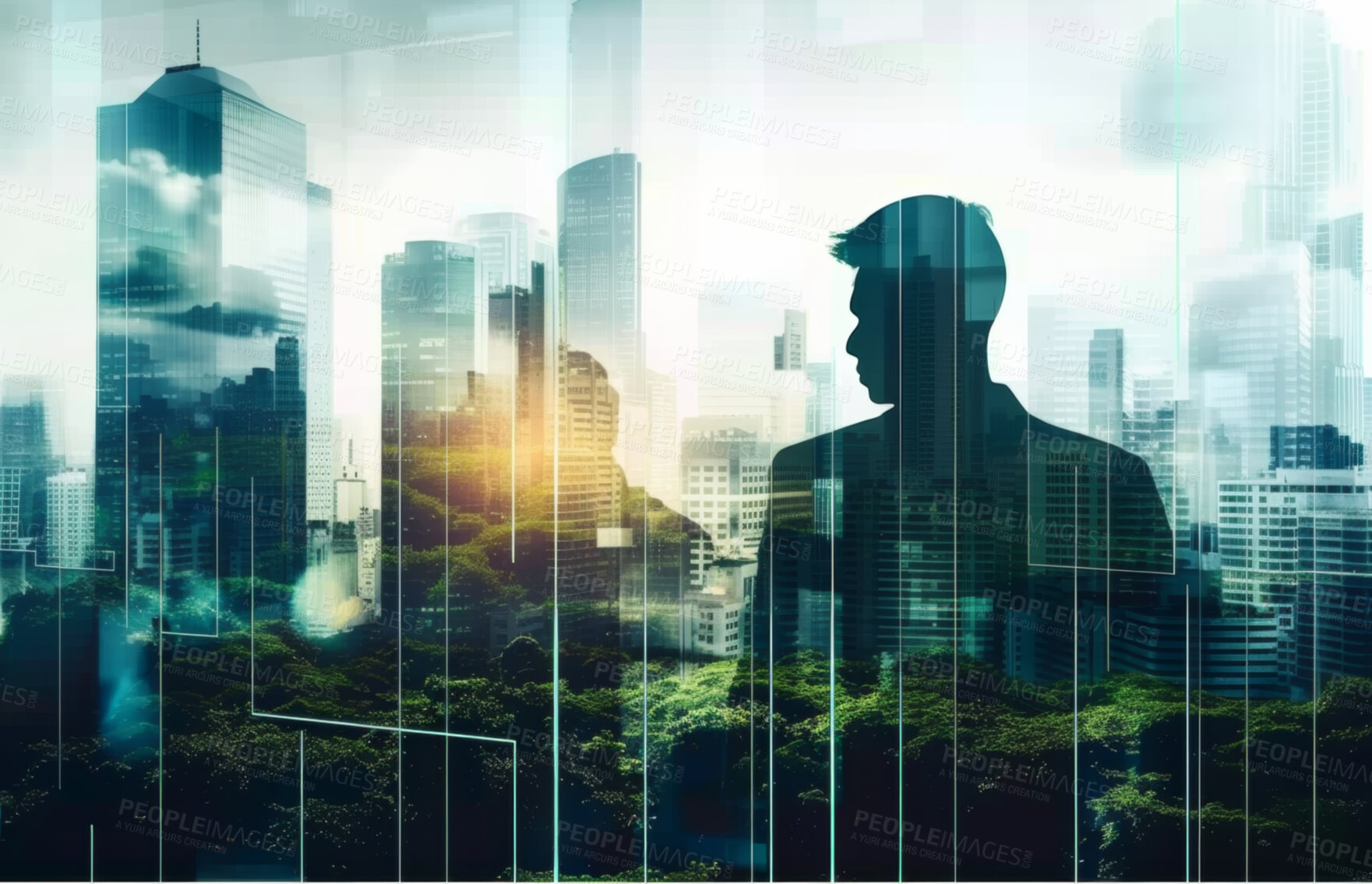 Buy stock photo Businessman, CEO and abstract environmental mockup for investment, business and ecosystem. Head silhouette, double exposure effect and cityscape overlay backdrop for wallpaper or sustainable building