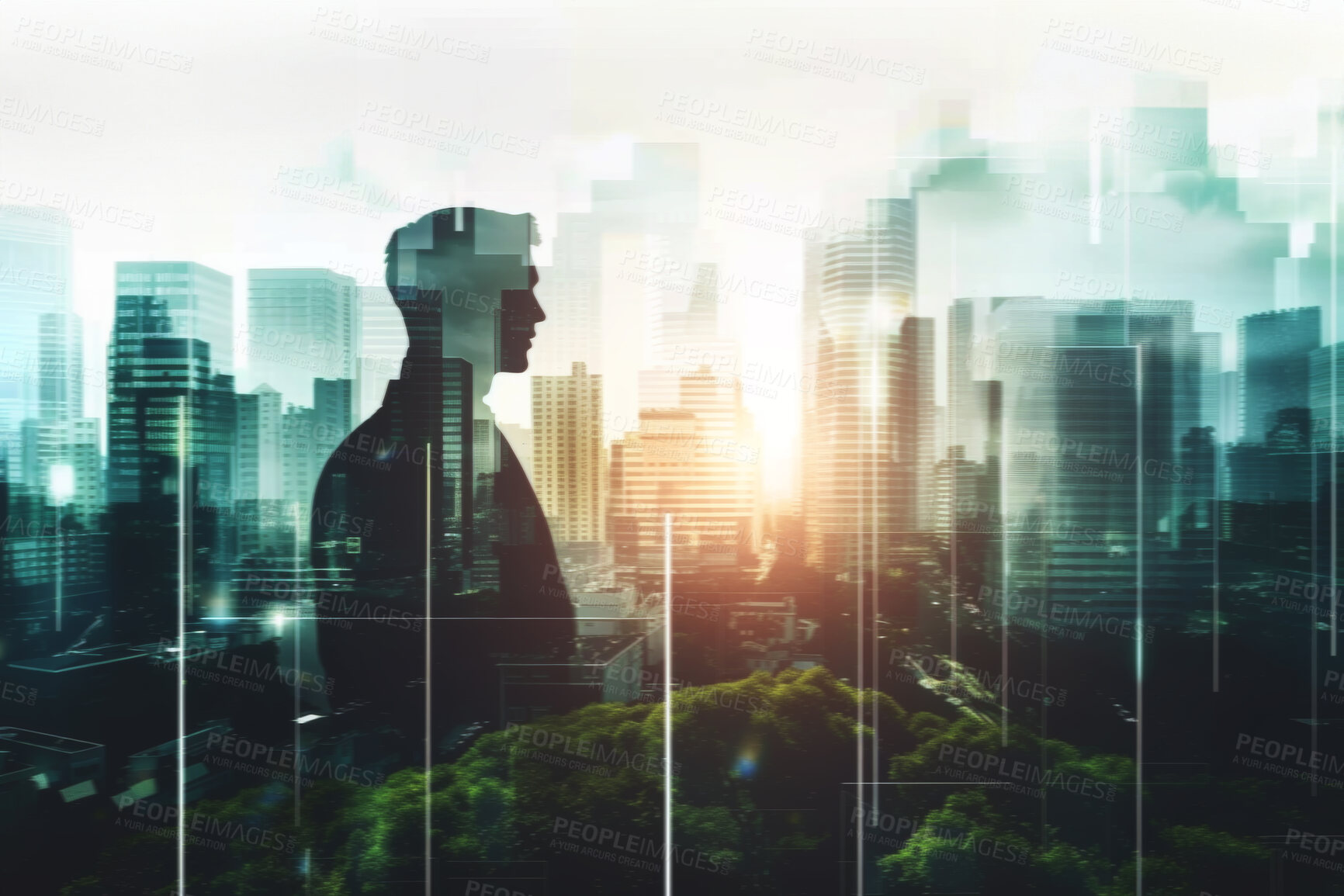 Buy stock photo Businessman, CEO and abstract environmental mockup for investment, business and ecosystem. Head silhouette, double exposure effect and cityscape overlay backdrop for wallpaper or sustainable building