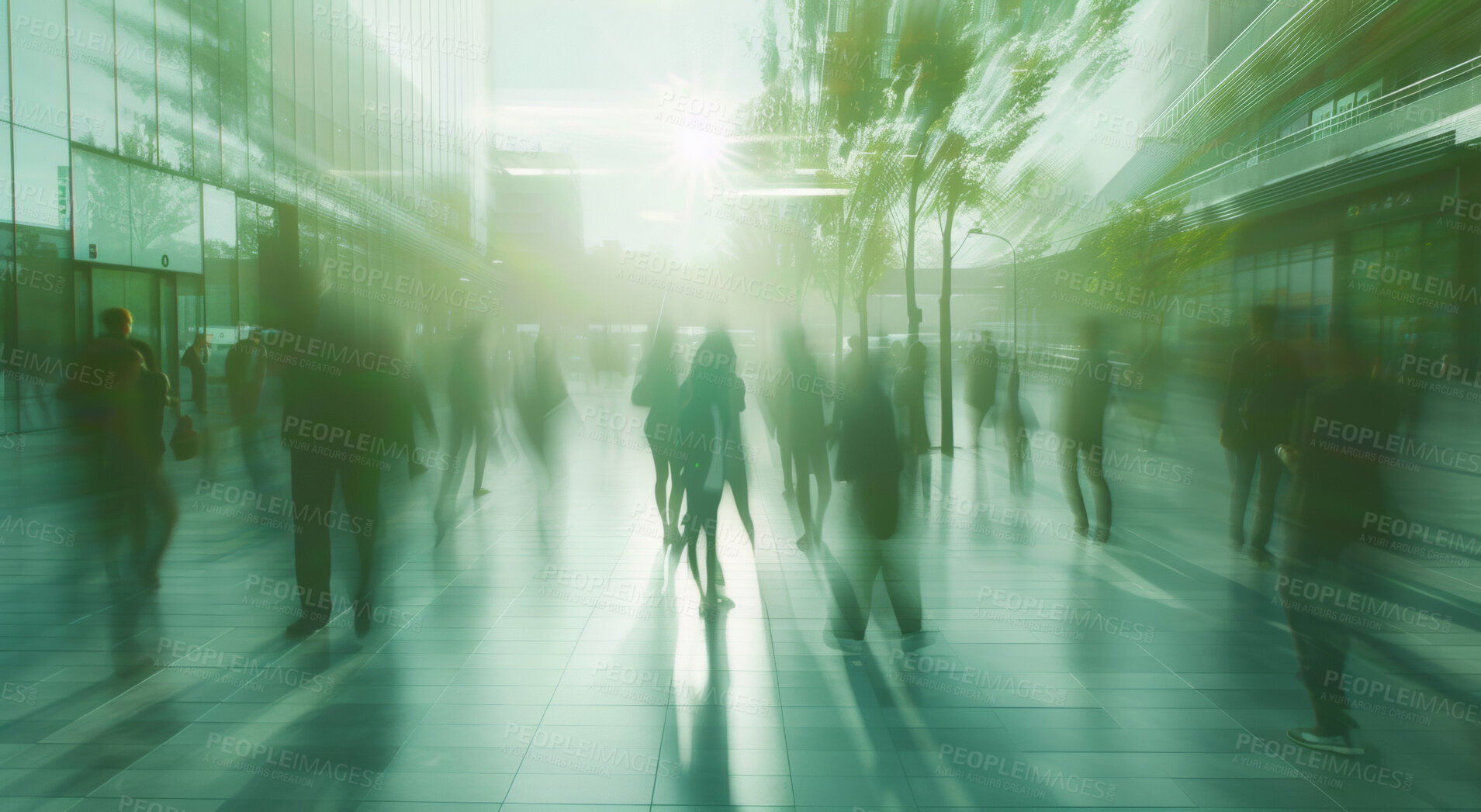 Buy stock photo Corporate, building and business group of people walking for city exploration, sustainable living or office. Blurry, silhouette and movement background for architecture, wallpaper and eco friendly