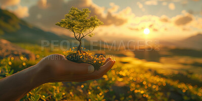 Buy stock photo Hand, palm and tree for nature sustainability, eco friendly mockup for nurture or environmental sustainability. Earth day, climate change or sustainable future for wallpaper, farming or poster design