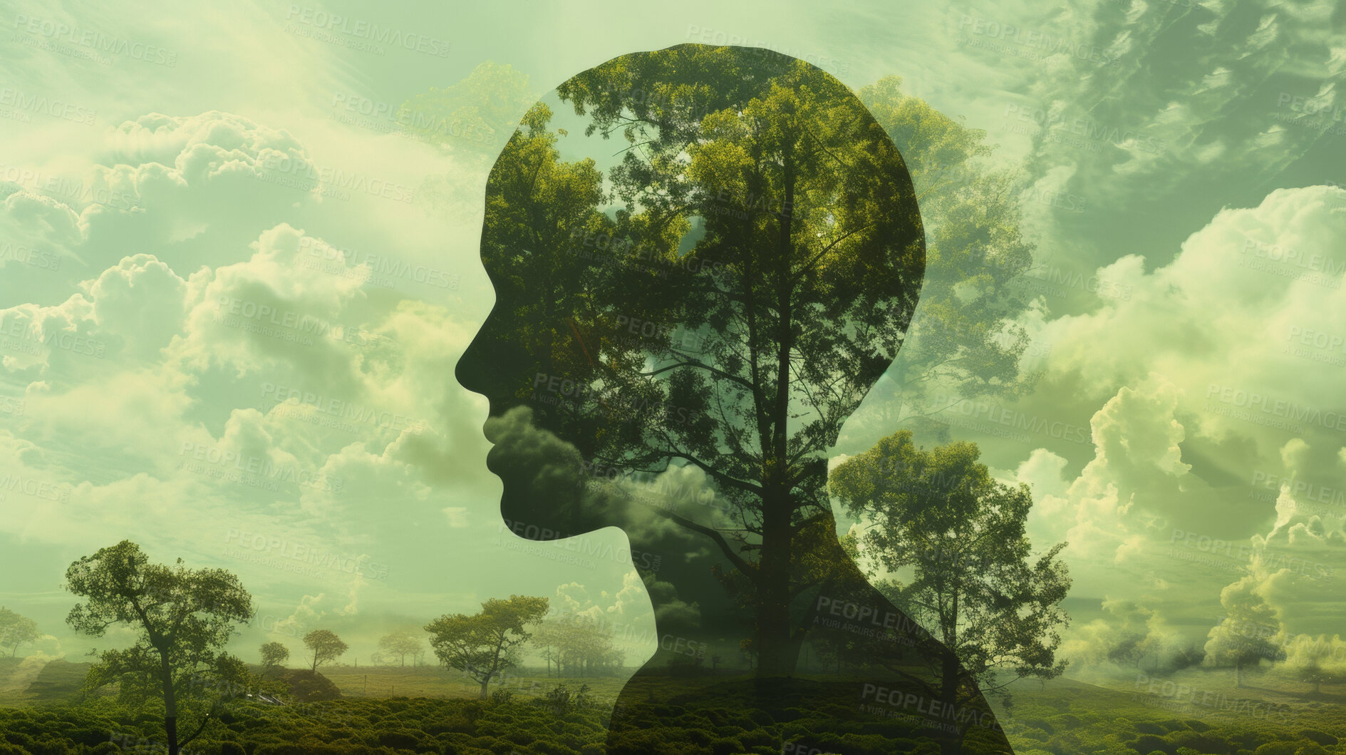 Buy stock photo Mindfulness, human and abstract environmental mockup for meditation, zen and ecosystem. Head silhouette, double exposure effect and green overlay backdrop for wallpaper, copyspace and sustainability