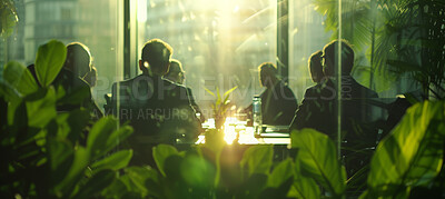 Group, boardroom and business meeting in an office for collaboration, teamwork and sustainability. Blurry, green and silhouette people sitting together for meeting and leadership in nature workplace