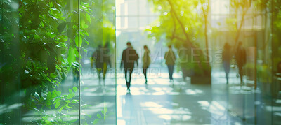 Buy stock photo Corporate, building and business group of people walking for city exploration, sustainable living or office. Blurry, silhouette and movement background for architecture, wallpaper and eco friendly