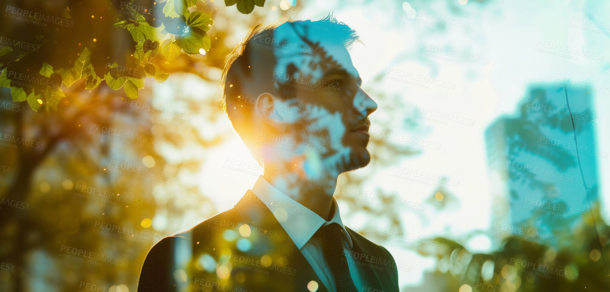 Buy stock photo Businessman, CEO and abstract environmental mockup for mindfulness, business and ecosystem. Head silhouette, double exposure effect and city overlay backdrop for wallpaper and sustainability building