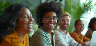 Buy stock photo Group, boardroom and business portrait in an office for collaboration, teamwork and sustainability. Confident, empowerment and diverse staff sitting together for meeting and leadership in workplace