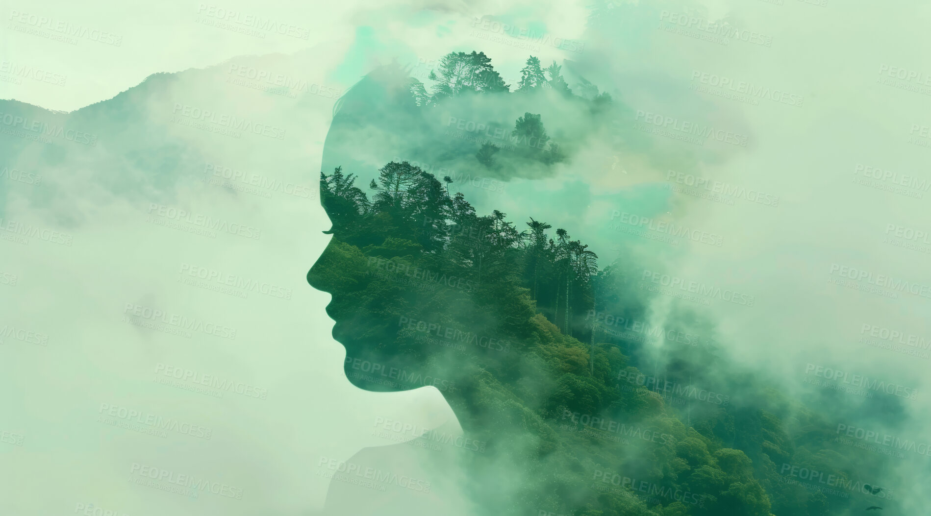 Buy stock photo Mindfulness, human and abstract environmental mockup for meditation, zen and ecosystem. Head silhouette, double exposure effect and green overlay backdrop for wallpaper, copyspace and sustainability