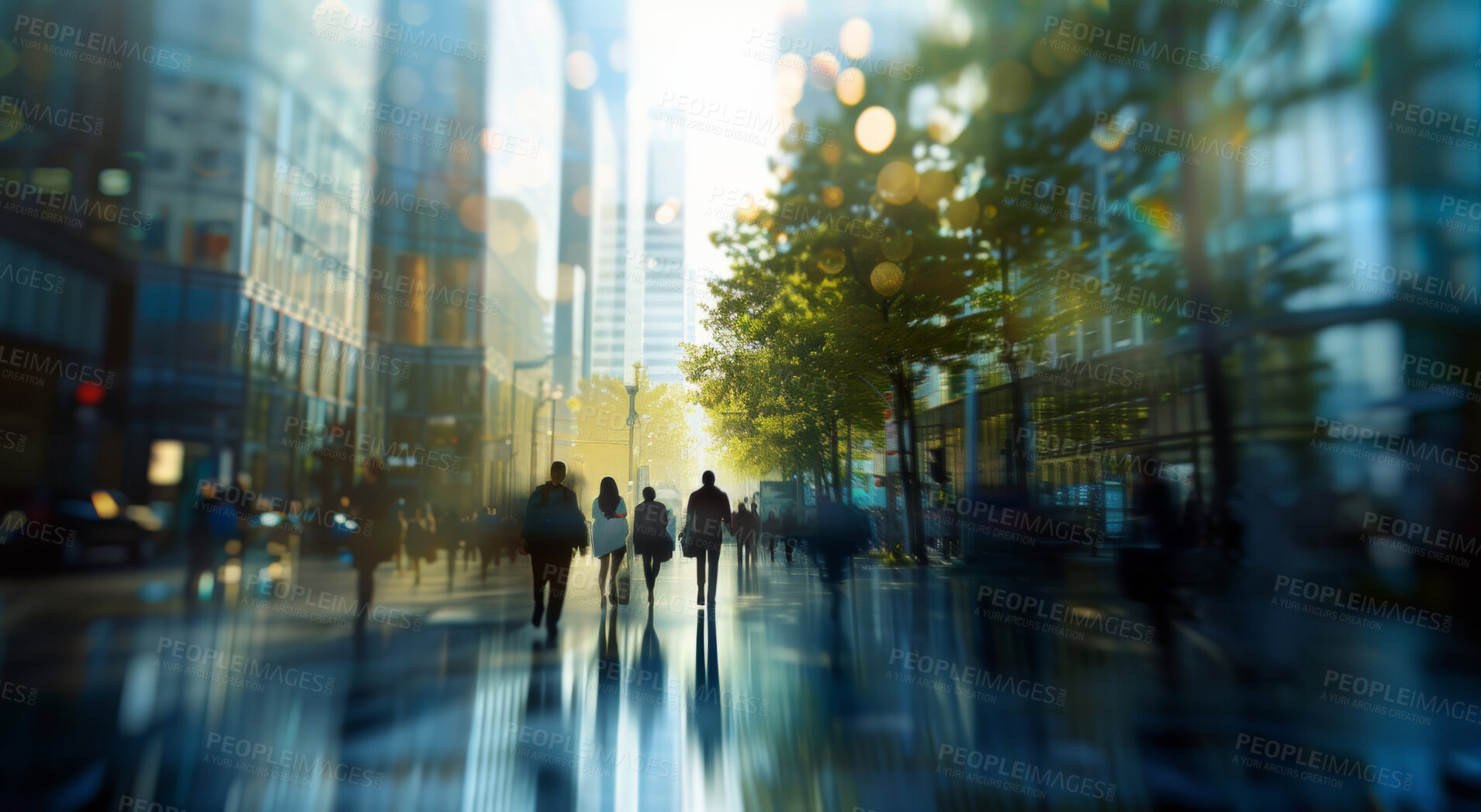 Buy stock photo Corporate, building and business group of people walking for city exploration, sustainable living or office. Blurry, silhouette and movement background for architecture, wallpaper and eco friendly