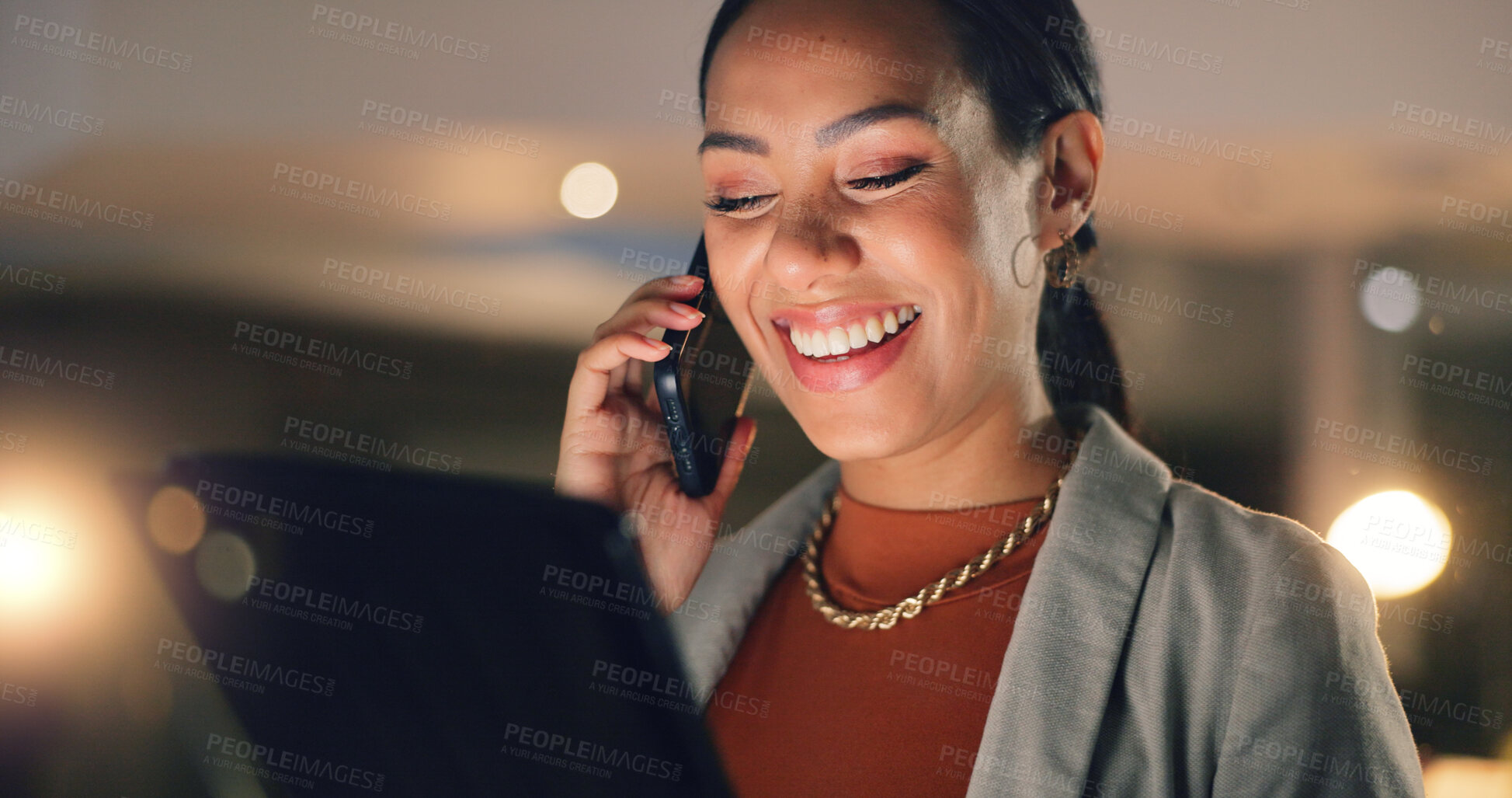 Buy stock photo Phone call, tablet and night in office, businesswoman in conversation and business networking with smile. Discussion, internet research and digital app, happy woman talking in overtime at workplace.