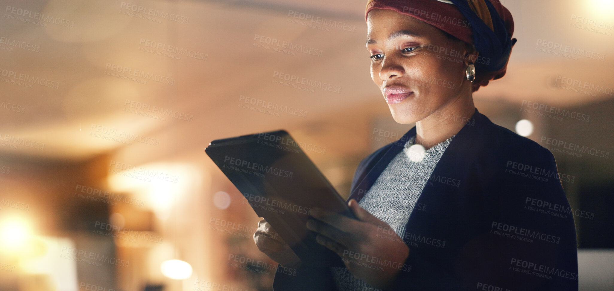 Buy stock photo Business, happy black woman and tablet at night in office to search online report, scroll information and website planning. Corporate employee working late on digital data, tech or social network app