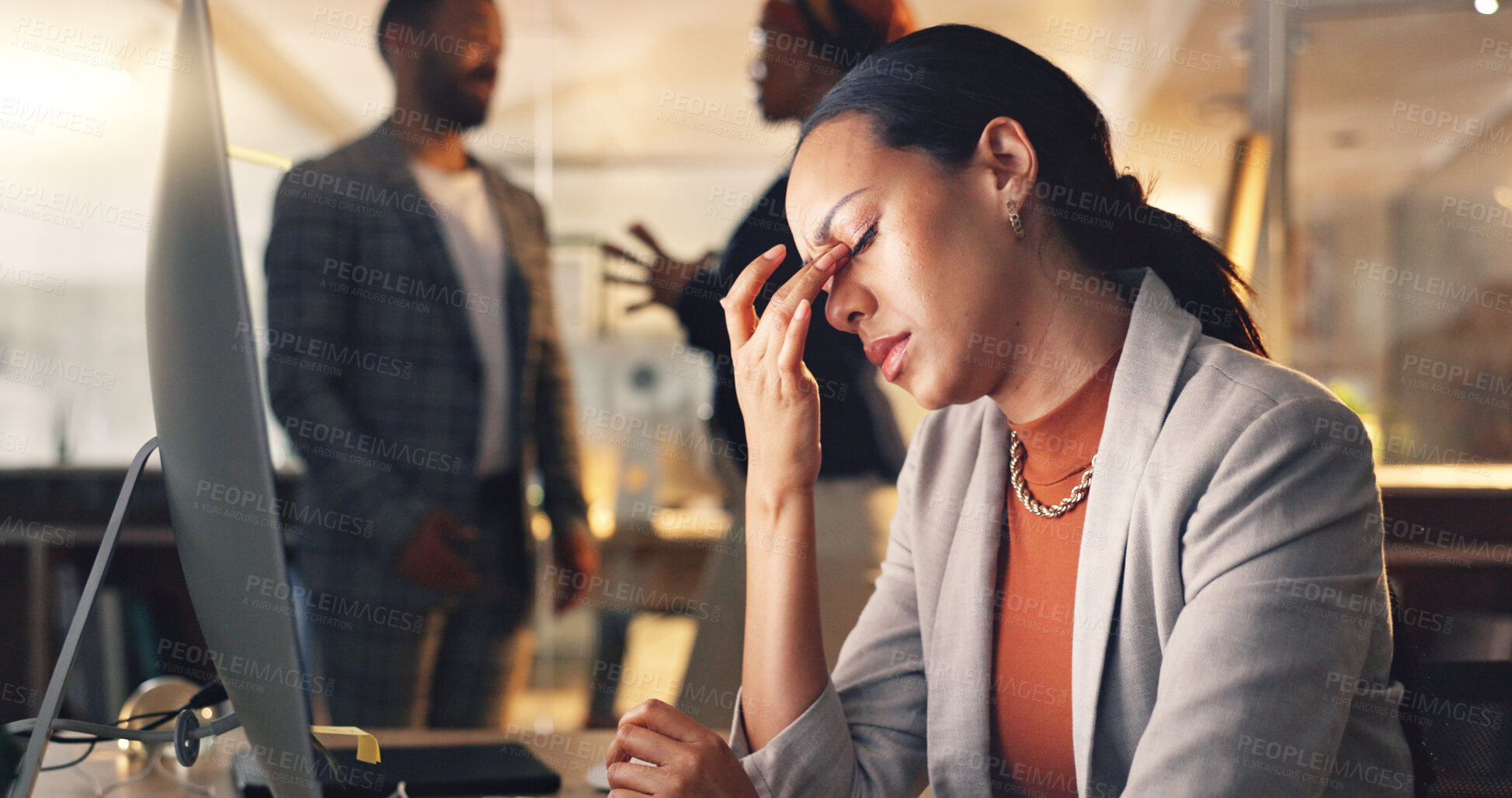 Buy stock photo Night, neck pain and business woman tired working on computer in a corporate company office with burnout. Overworked, frustrated and employee with stress for mistake, risk or fail on overtime project