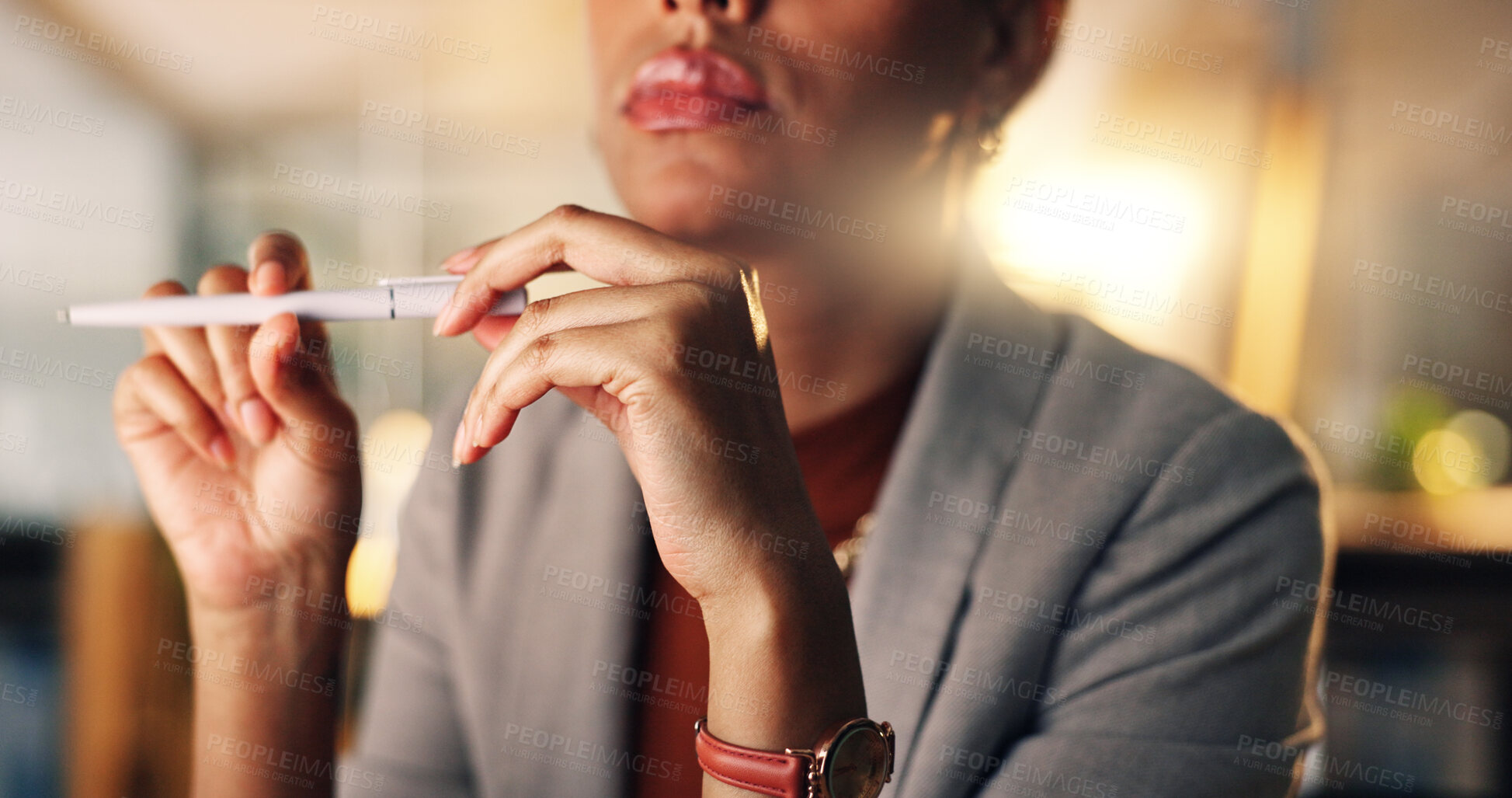 Buy stock photo Night, thinking and business woman with pen in office, working on project deadline, agenda and planning. Professional, idea and hands of worker for solution, problem solving and brainstorming in dark