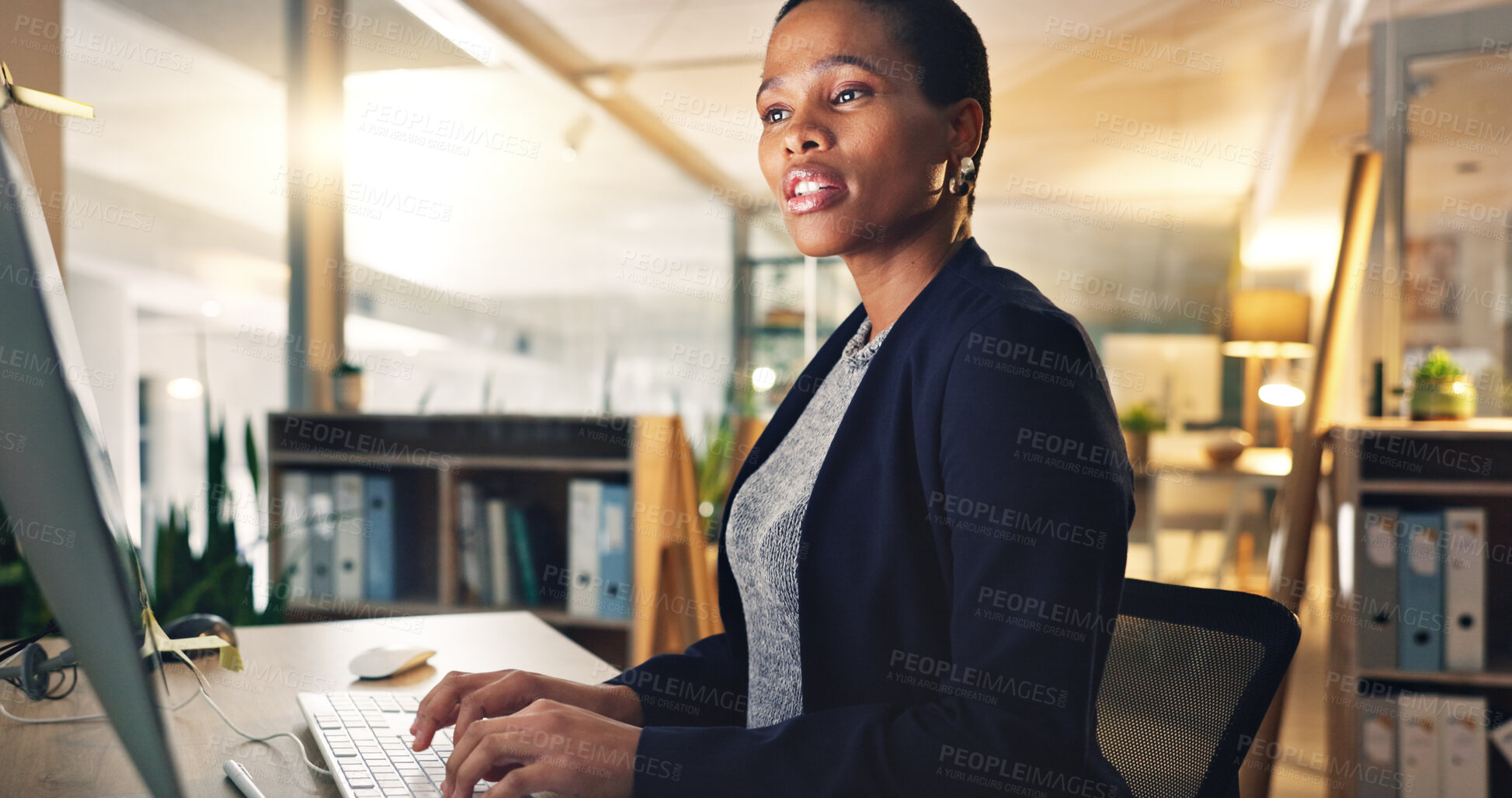 Buy stock photo Business woman, computer and typing with document at a desk for data entry in an office. African entrepreneur person working at a desktop with paperwork for information, research or online report