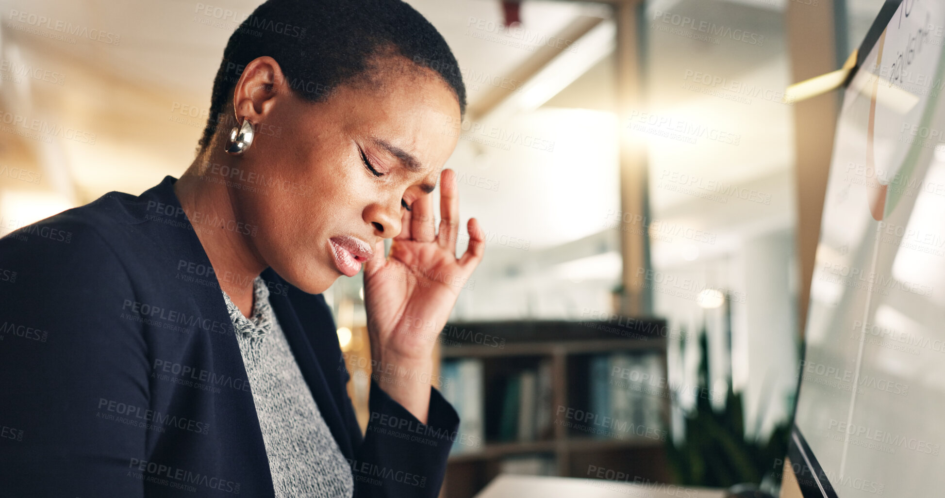 Buy stock photo Night, headache and accountant tired working on computer in a corporate company office with burnout. Business, frustrated and employee with stress for mistake, risk or fail on overtime project