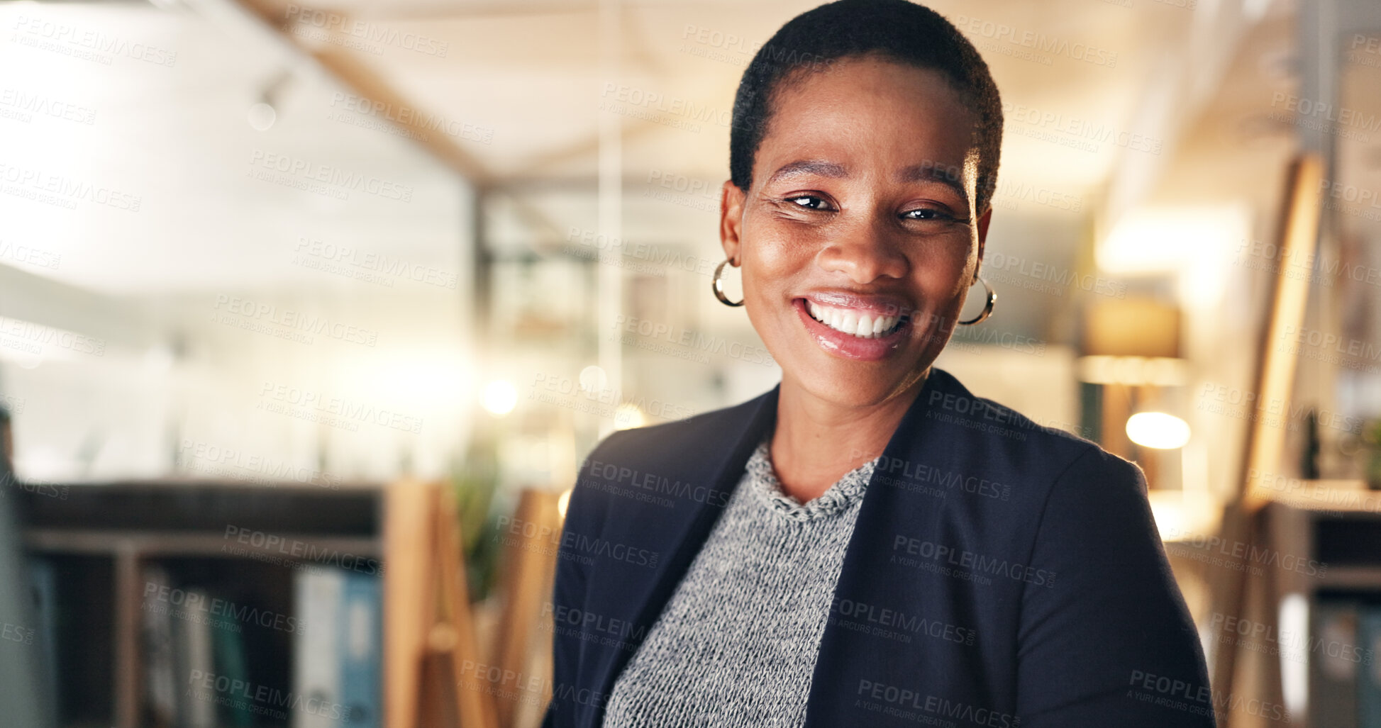 Buy stock photo Face, happy and black woman in office at night for business on a computer during overtime. Smile, workspace and portrait of an African employee with a pc for a late deadline or working in corporate