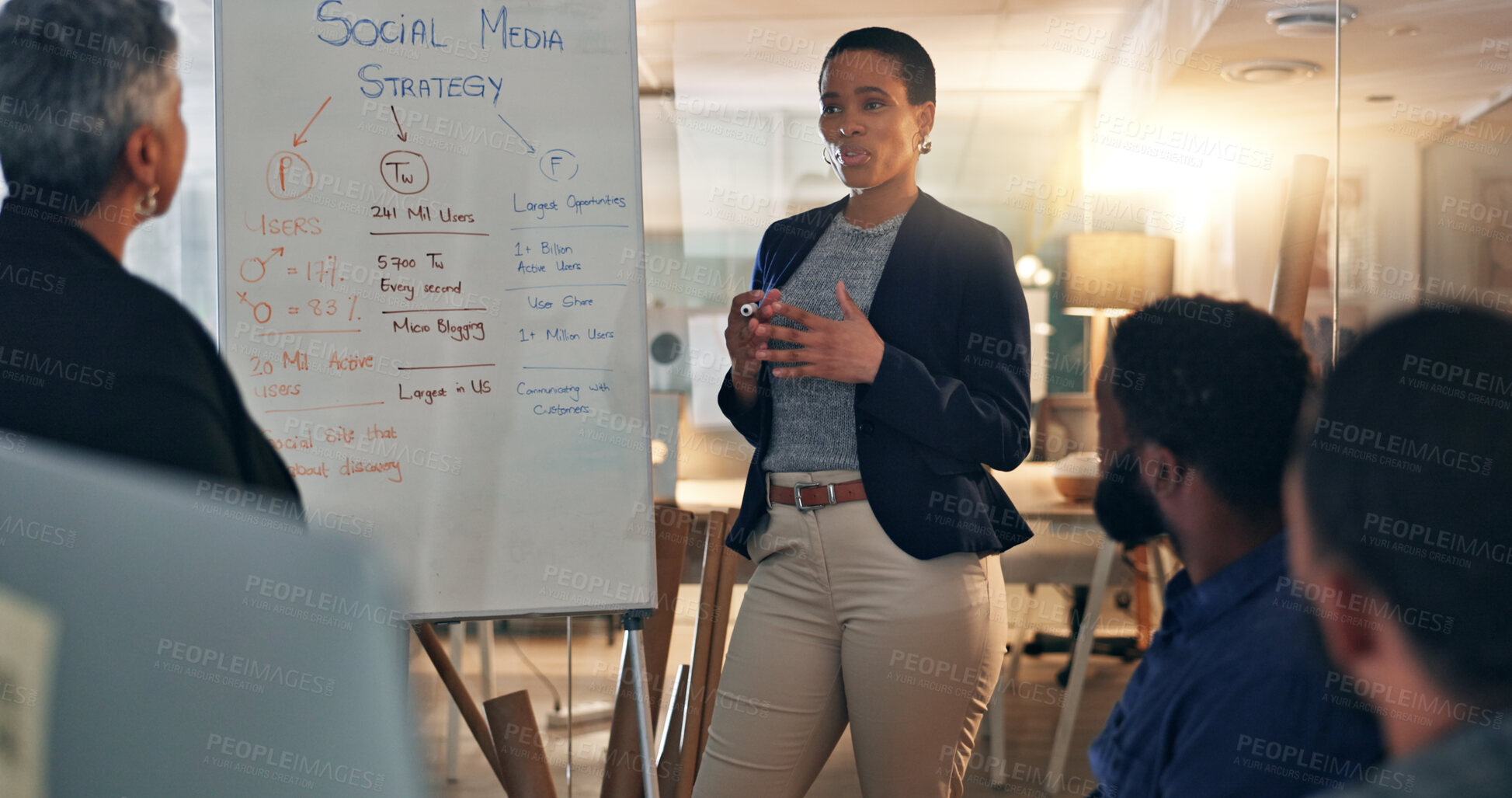 Buy stock photo Presentation, whiteboard and businesswoman planning a strategy with team in office for creative project. Collaboration, startup and designers in meeting for research, brainstorming and discussion