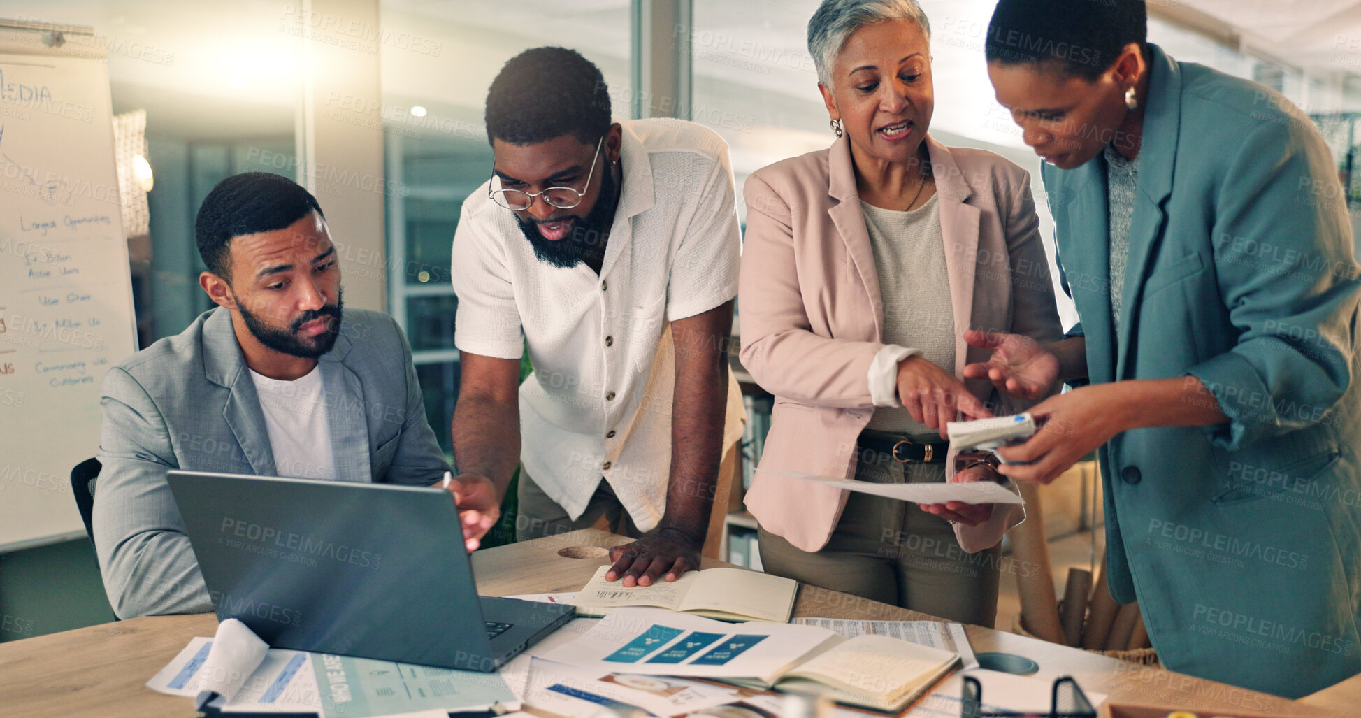 Buy stock photo Research, night and business people planning in the office for a creative project with color samples. Paperwork, discussion and team of designers working overtime in collaboration for deadline.