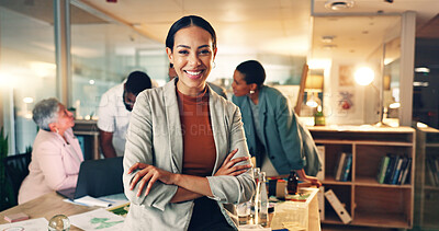 Face, business and woman with arms crossed, smile and career with teamwork, meeting or planning. Portrait, person or employee with cooperation, staff or professional with brainstorming in a workplace