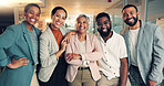 Happy, team building and portrait of business people in office for diversity and collaboration. Smile, confident and professional woman manager with group of creative designers in modern workplace.