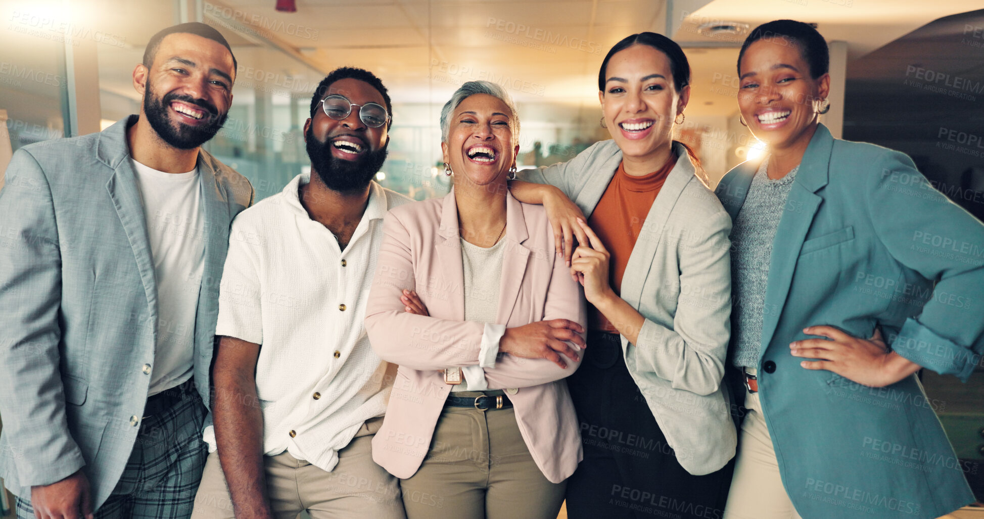 Buy stock photo Happy, team building and portrait of business people in office for diversity and collaboration. Smile, confident and professional woman manager with group of creative designers in modern workplace.