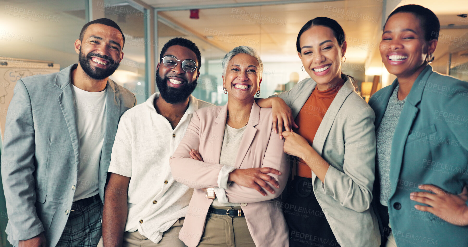 Buy stock photo Smile, confidence and portrait of business people in office for team building or collaboration. Happy, staff and group of creative designers with senior woman manager with crossed arms in workplace.