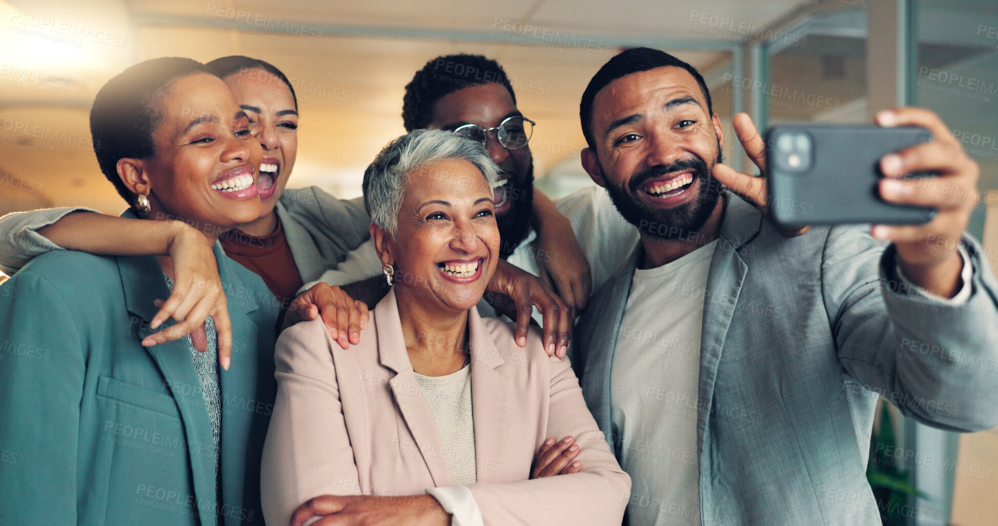 Buy stock photo Group of business people in selfie together, diversity and smile for social media at startup. Photography, solidarity and happy office team at workshop, men and women in profile picture at workplace.