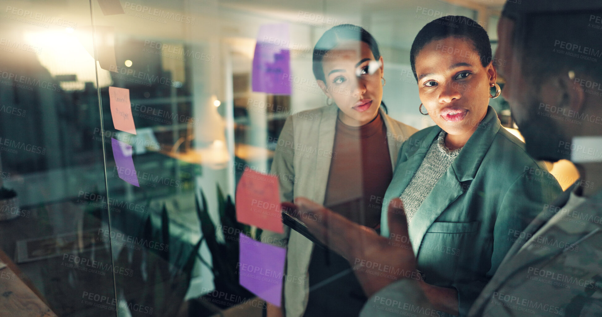 Buy stock photo Business woman, tablet and notes on board in an office for training, meeting or ideas. Men and women talking about strategy, planning or scrum for pitch with technology, leader and a team at night