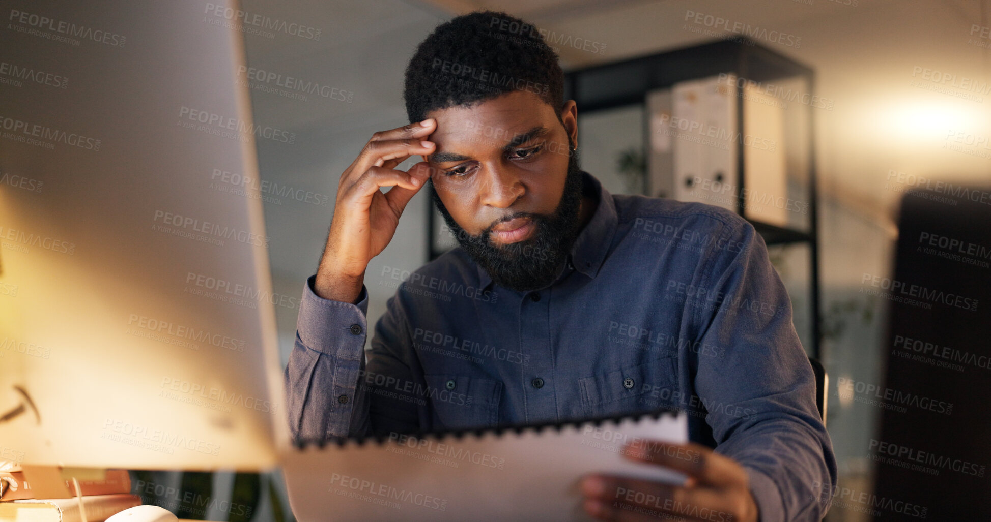 Buy stock photo Businessman, paperwork and thinking in office for planning, idea and review of budget in accounting. Black man, tired and documents with overtime work at night for deadline, report and information