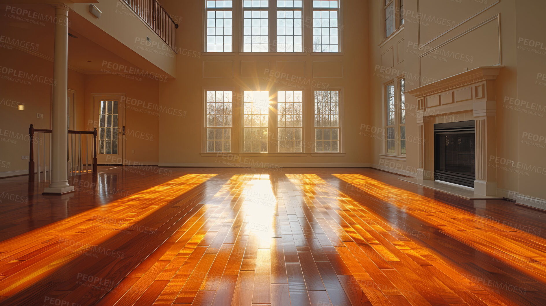 Buy stock photo Room, interior and windows with an empty space in a modern home or office during summer. Business, home and wood floors in a luxury apartment for design, architecture or simplicity with beautiful views