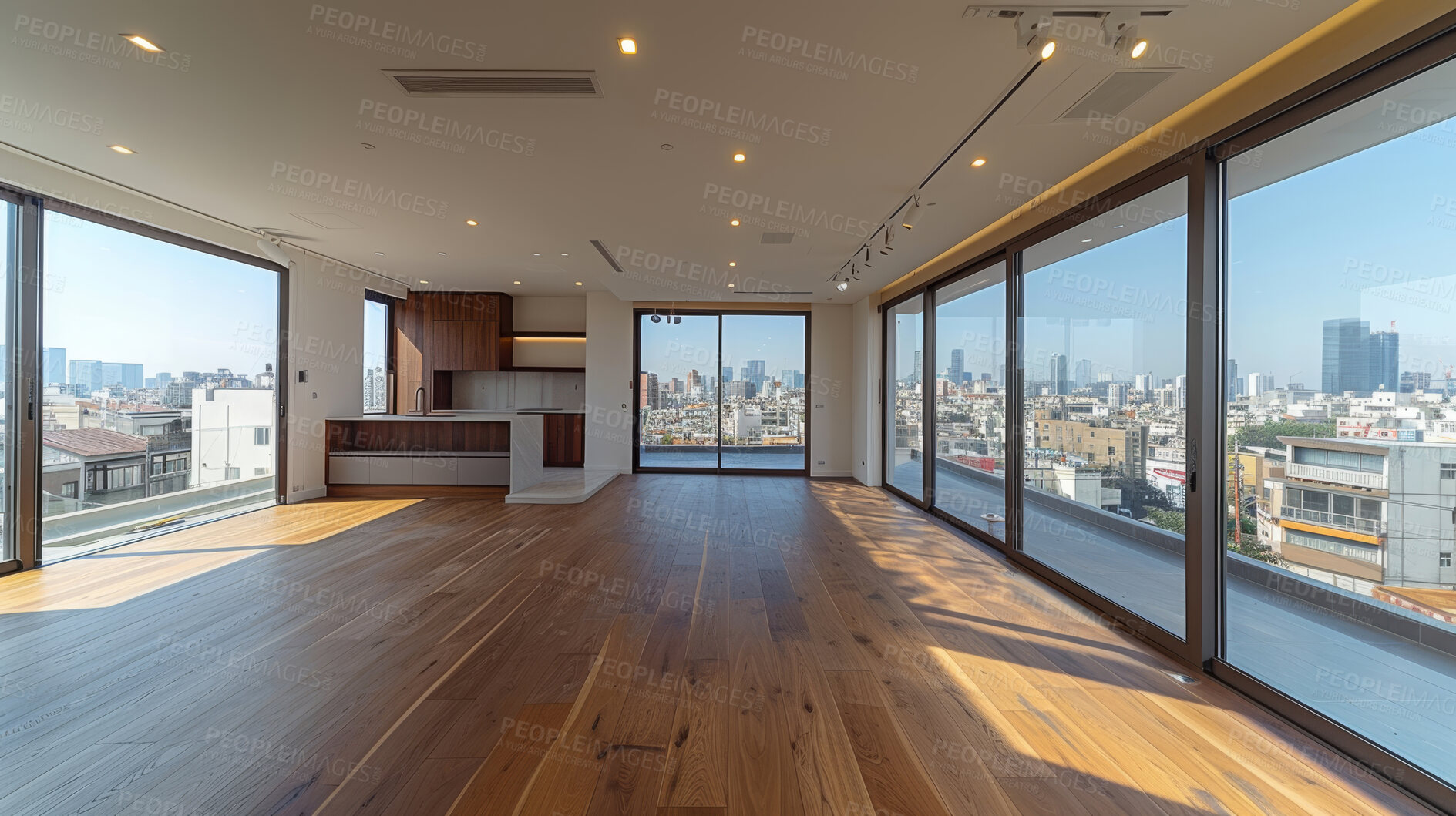 Buy stock photo Room, interior and windows with an empty space in a modern home or office during summer. Business, home and wood floors in a luxury apartment for design, architecture or simplicity with views