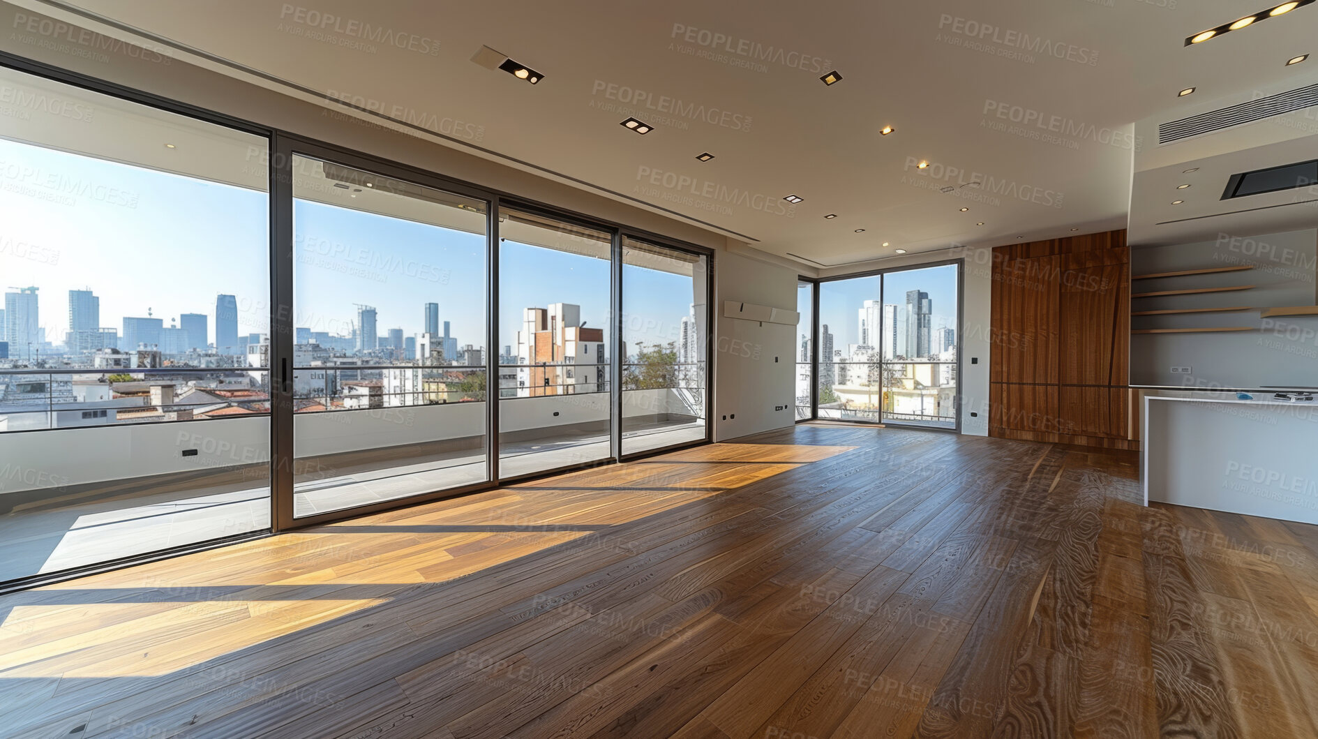 Buy stock photo Room, interior and windows with an empty space in a modern home or office during summer. Business, home and wood floors in a luxury apartment for design, architecture or simplicity with views