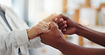 Holding hands, homecare or empathy by caregiver for senior woman in a house with kindness, comfort or support closeup. Hope, recovery or nurse and old person with understanding, trust or compassion