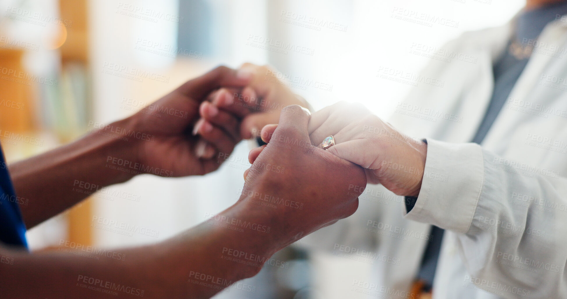 Buy stock photo Homecare, holding hands or empathy by caregiver for senior woman in a house with kindness, comfort or support closeup. Hope, recovery or nurse and old person with understanding, trust or compassion