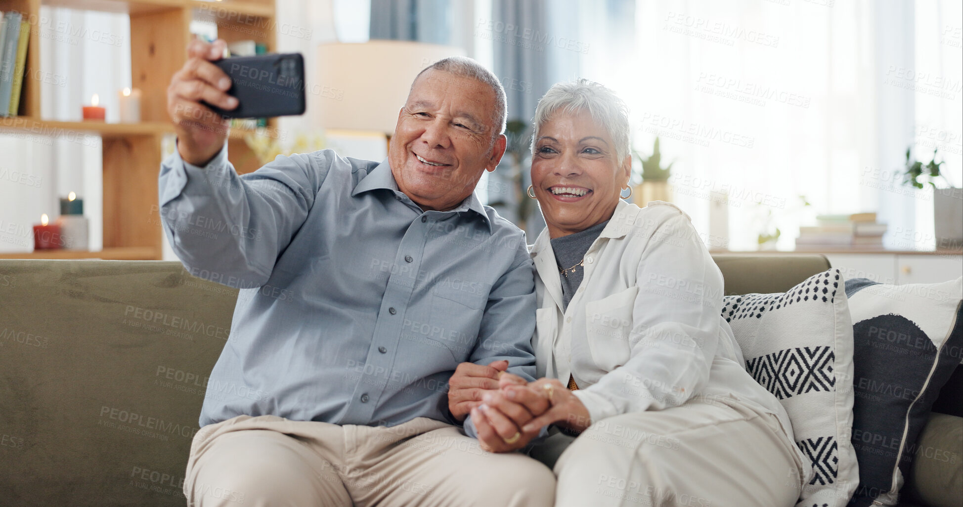 Buy stock photo Senior couple, selfie and sofa with love, social media and happy together in a home. Retirement, marriage and profile picture with elderly people in a house on a website online with support and trust