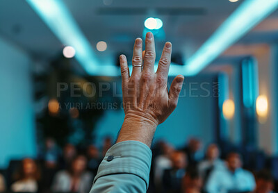 Raised hand, people and audience asking or voting at business meeting, conference or trading seminar. Hall, closeup and back view for convention, workshop gathering, or ask a question in workplace