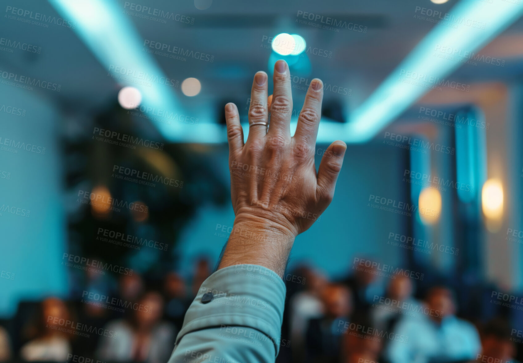 Buy stock photo Raised hand, people and audience asking or voting at business meeting, conference or trading seminar. Hall, closeup and back view for convention, workshop gathering, or ask a question in workplace