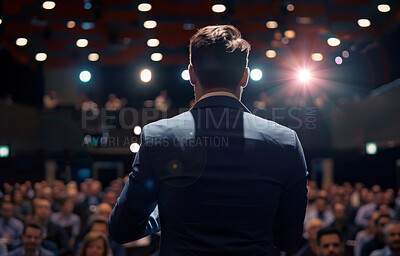 Businessman, conference or speaker sharing information at a business seminar for knowledge, motivational or coaching. Confident, man or coach speaks to audience at a convention or corporate event