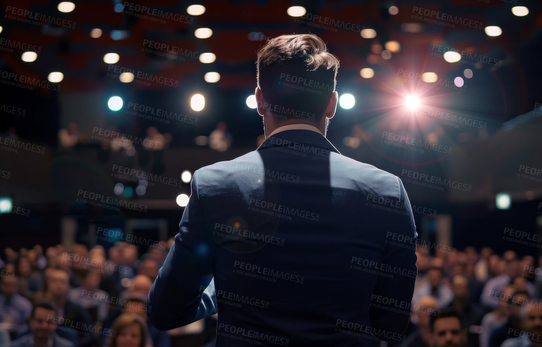 Buy stock photo Businessman, conference or speaker sharing information at a business seminar for knowledge, motivational or coaching. Confident, man or coach speaks to audience at a convention or corporate event