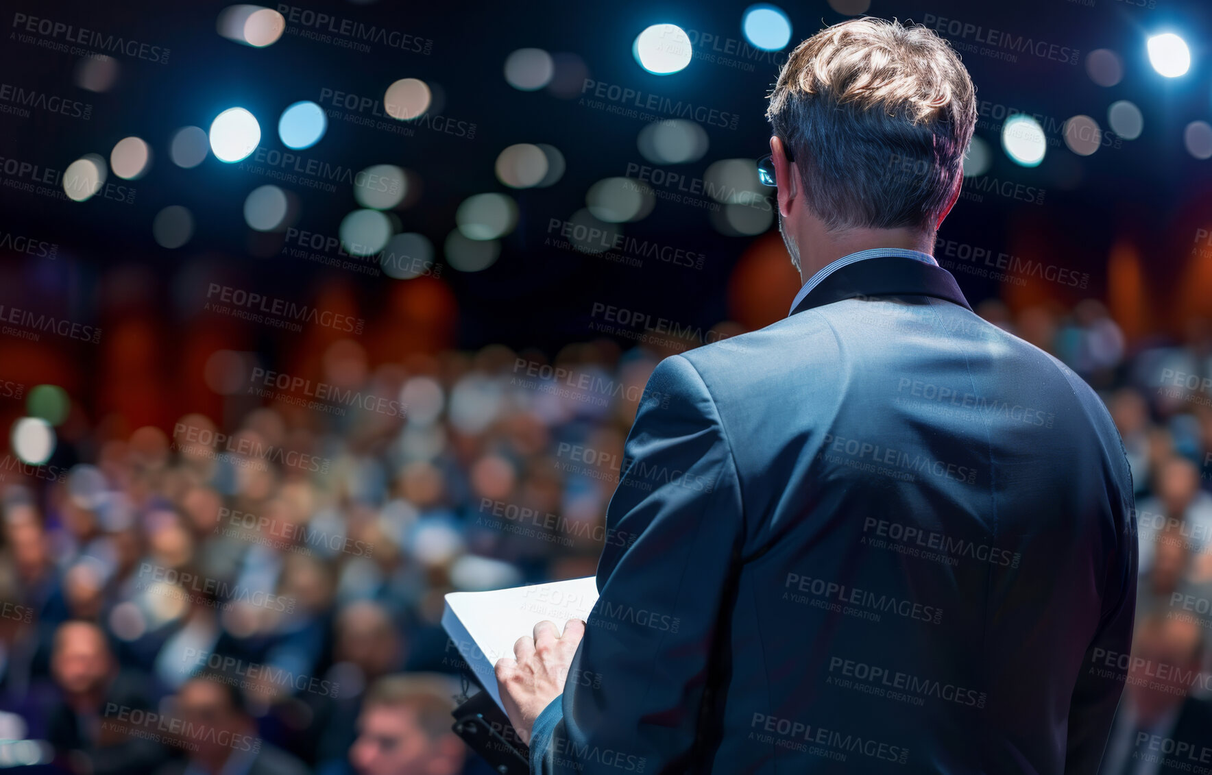 Buy stock photo Businessman, conference or speaker sharing information at a business seminar for knowledge, motivational or coaching. Confident, man or coach speaks to audience at a convention or corporate event