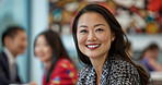 Asian woman, employee and business portrait in an office for presentation, seminar or trading workshop. Confident, female executive smiling or happy for marketing, strategy or leadership in workplace