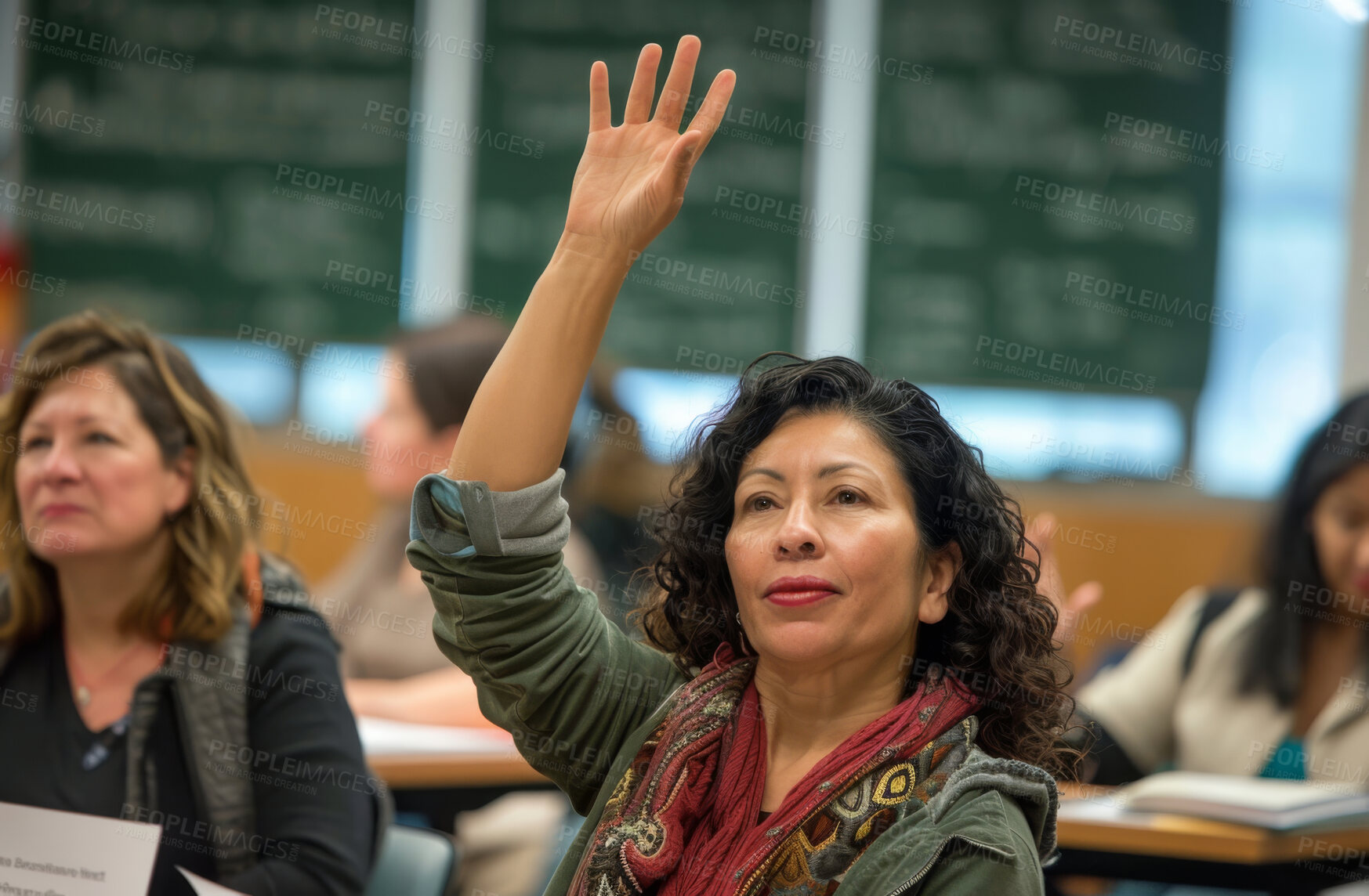 Buy stock photo Raised hand, business and woman volunteer or voting at meeting, conference or trading seminar. Office, confident and female at convention, workshop gathering, or asking a question in workplace