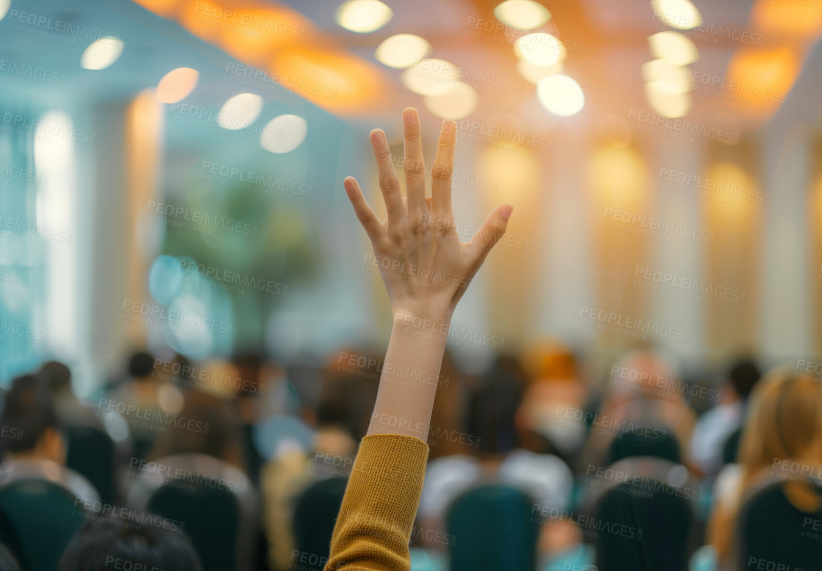 Buy stock photo Raised hand, people and audience asking or voting at business meeting, conference or trading seminar. Hall, closeup and back view for convention, workshop gathering, or ask a question in workplace