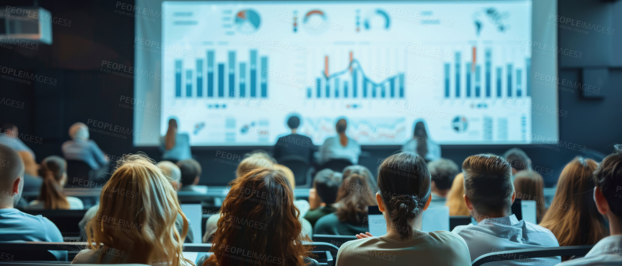 Buy stock photo Group, conference or people sharing information at a business seminar for information or presentation. Back view of audience looking at a screen with graphs at a trading convention or corporate event