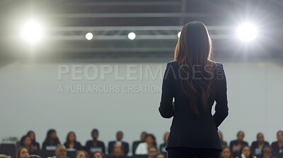 Woman, conference or speaker sharing information at a business seminar for information and coaching. Confident, female or back view of coach speaking to audience at a convention or corporate event