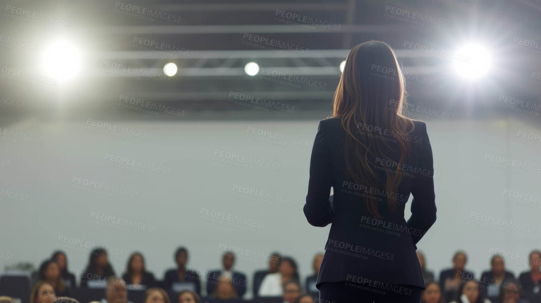 Buy stock photo Woman, conference or speaker sharing information at a business seminar for information and coaching. Confident, female or back view of coach speaking to audience at a convention or corporate event