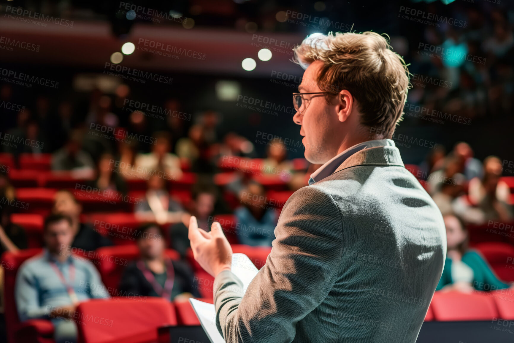 Buy stock photo Businessman, conference or speaker sharing information at a business seminar for knowledge, motivational or coaching. Confident, man or coach speaks to audience at a convention or corporate event