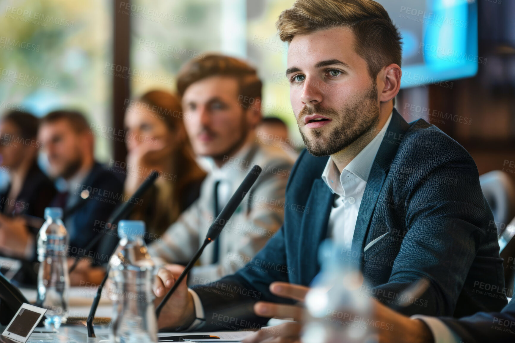 Buy stock photo Businessman, conference or speaker with a microphone at a business seminar for knowledge, motivational or discussion. Confident, man or coach speaks to group at a convention or corporate event