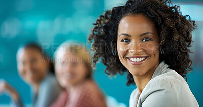 Woman, employee and business portrait in an office for presentation, seminar or trading workshop. Confident, female executive smiling or happy for marketing, strategy or leadership in workplace