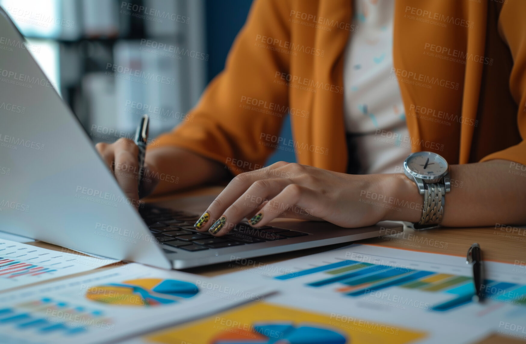 Buy stock photo Laptop, hand and person typing an email or message for social media research, graphs and analytics. Closeup, computer and online call with colleagues for content creation and marketing strategy