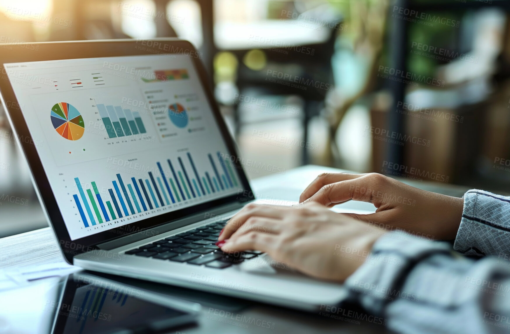 Buy stock photo Laptop, hand and person typing an email or message for social media research, graphs and analytics. Closeup, computer and online call with colleagues for content creation and marketing strategy