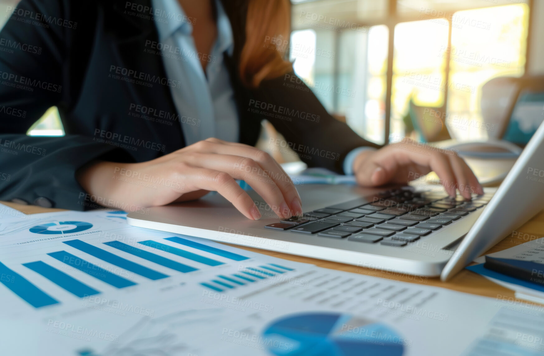 Buy stock photo Laptop, hand and person typing an email or message for social media research, graphs and analytics. Closeup, computer and online call with colleagues for content creation and marketing strategy